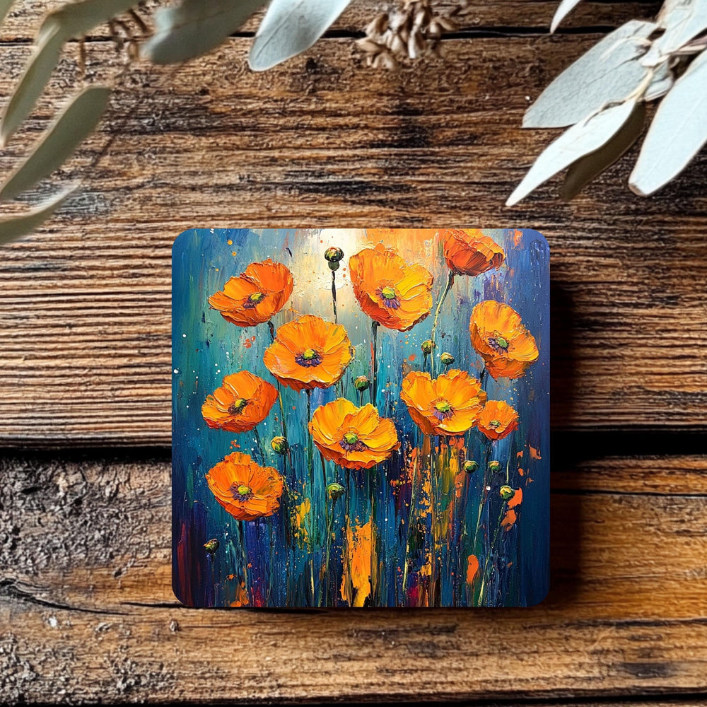 Colorful Poppy Field Coaster Set of 4, Vibrant Floral Art Coasters, Blue Yellow Garden Ceramic Drink Coaster Set