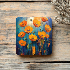 Colorful Poppy Field Coaster Set of 4, Vibrant Floral Art Coasters, Blue Yellow Garden Ceramic Drink Coaster Set