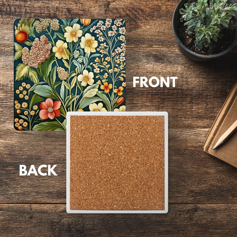 Botanical Wildflower Coaster Set of 4, Vintage Garden Floral Ceramic Coasters, Nature-Inspired Home Decor Gift