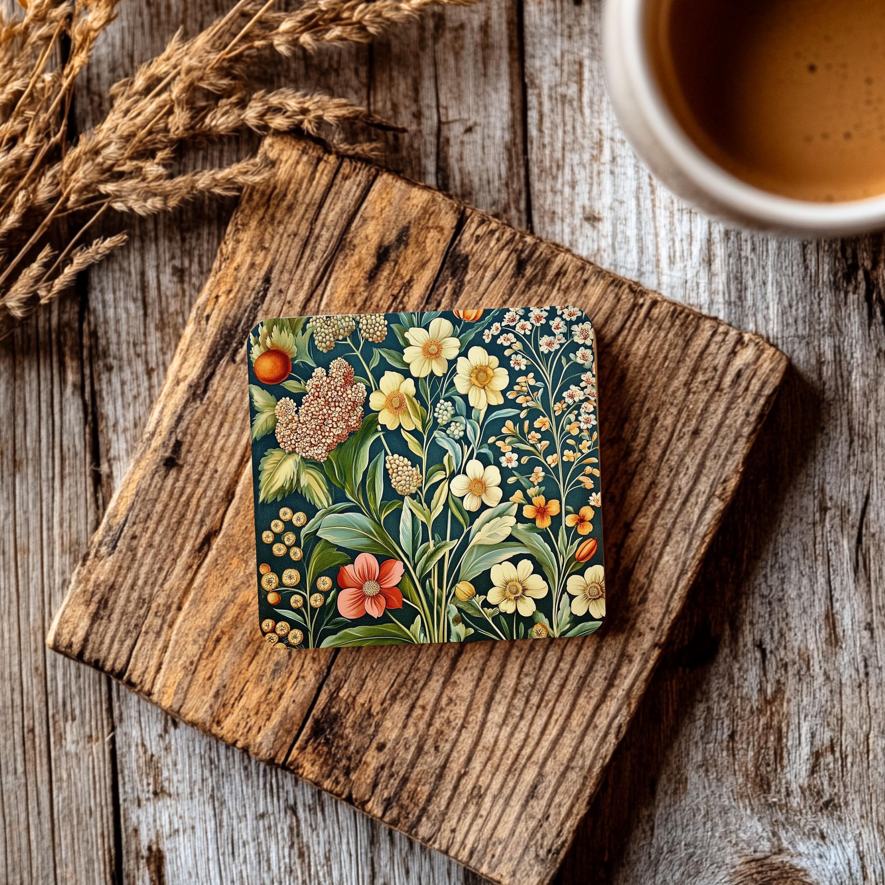 Botanical Wildflower Coaster Set of 4, Vintage Garden Floral Ceramic Coasters, Nature-Inspired Home Decor Gift