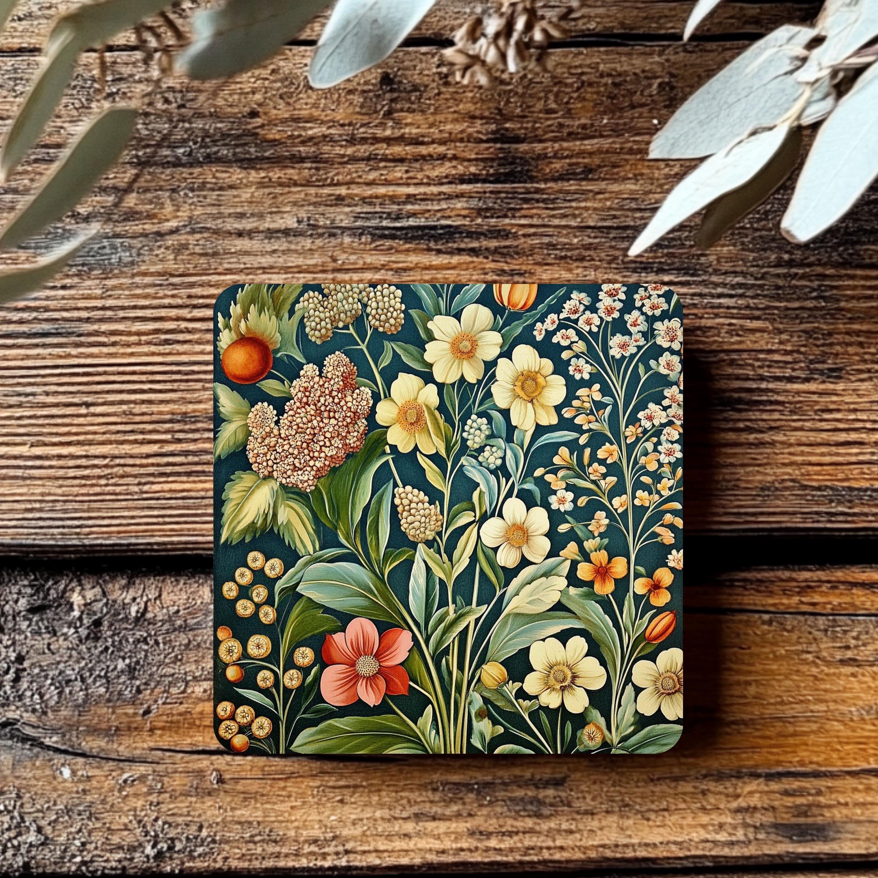 Botanical Wildflower Coaster Set of 4, Vintage Garden Floral Ceramic Coasters, Nature-Inspired Home Decor Gift
