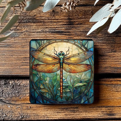 Stained Glass Look Dragonfly Coaster Set of 4, Nature-Inspired Boho Art Coasters, Ceramic Coaster Set Gift