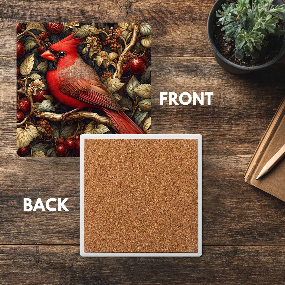 Red Cardinal Coaster Set of 4, Woodland Bird Art Coasters, Rustic Winter Berry Ceramic Drink Coaster Set