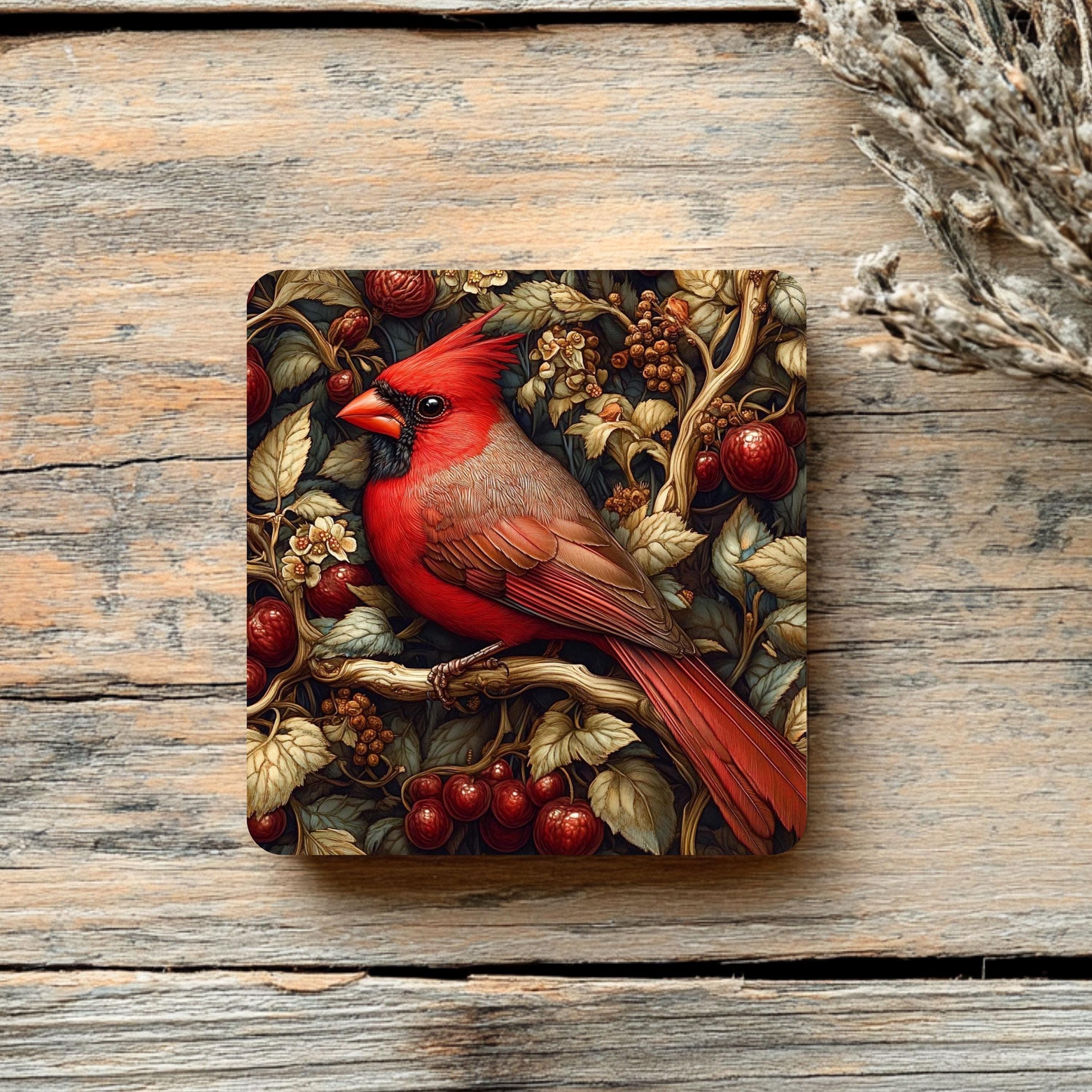 Red Cardinal Coaster Set of 4, Woodland Bird Art Coasters, Rustic Winter Berry Ceramic Drink Coaster Set
