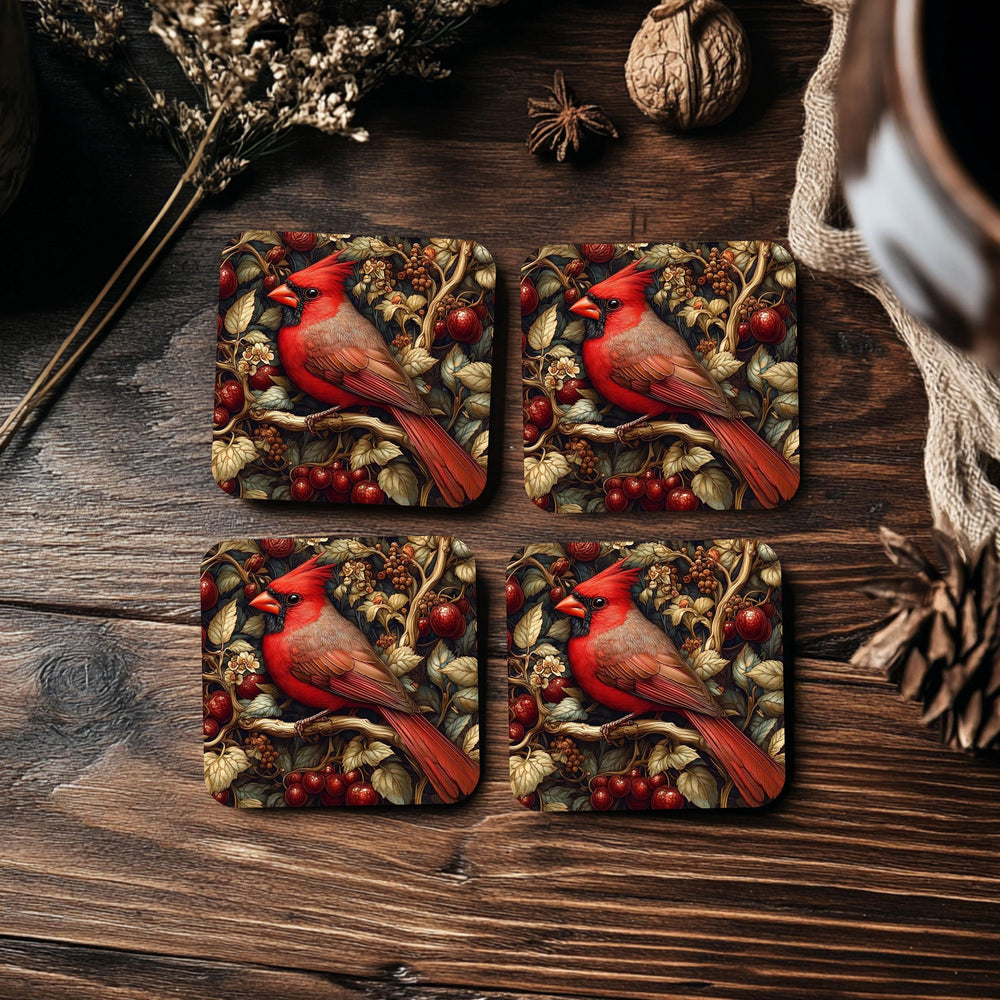 Red Cardinal Coaster Set of 4, Woodland Bird Art Coasters, Rustic Winter Berry Ceramic Drink Coaster Set