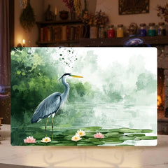 Blue Heron on Lily Pond Glass Cutting Board, Nature-Inspired Kitchen Decor, Water Bird Art Serving Board Gift