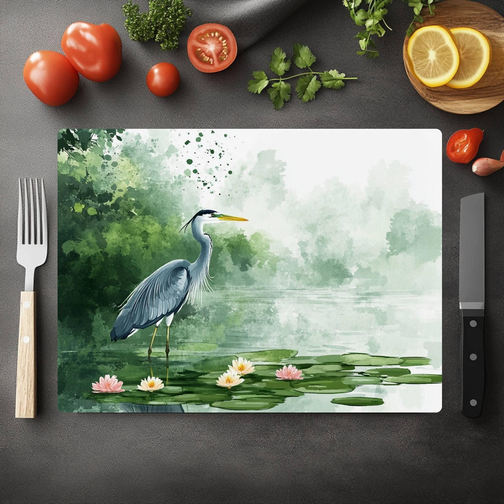 Blue Heron on Lily Pond Glass Cutting Board, Nature-Inspired Kitchen Decor, Water Bird Art Serving Board Gift