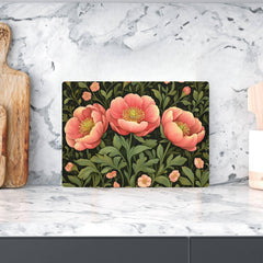 Coral Peony Floral Glass Cutting Board, Botanical Kitchen Art Decor, Blooming Garden Flower Serving Board Gift