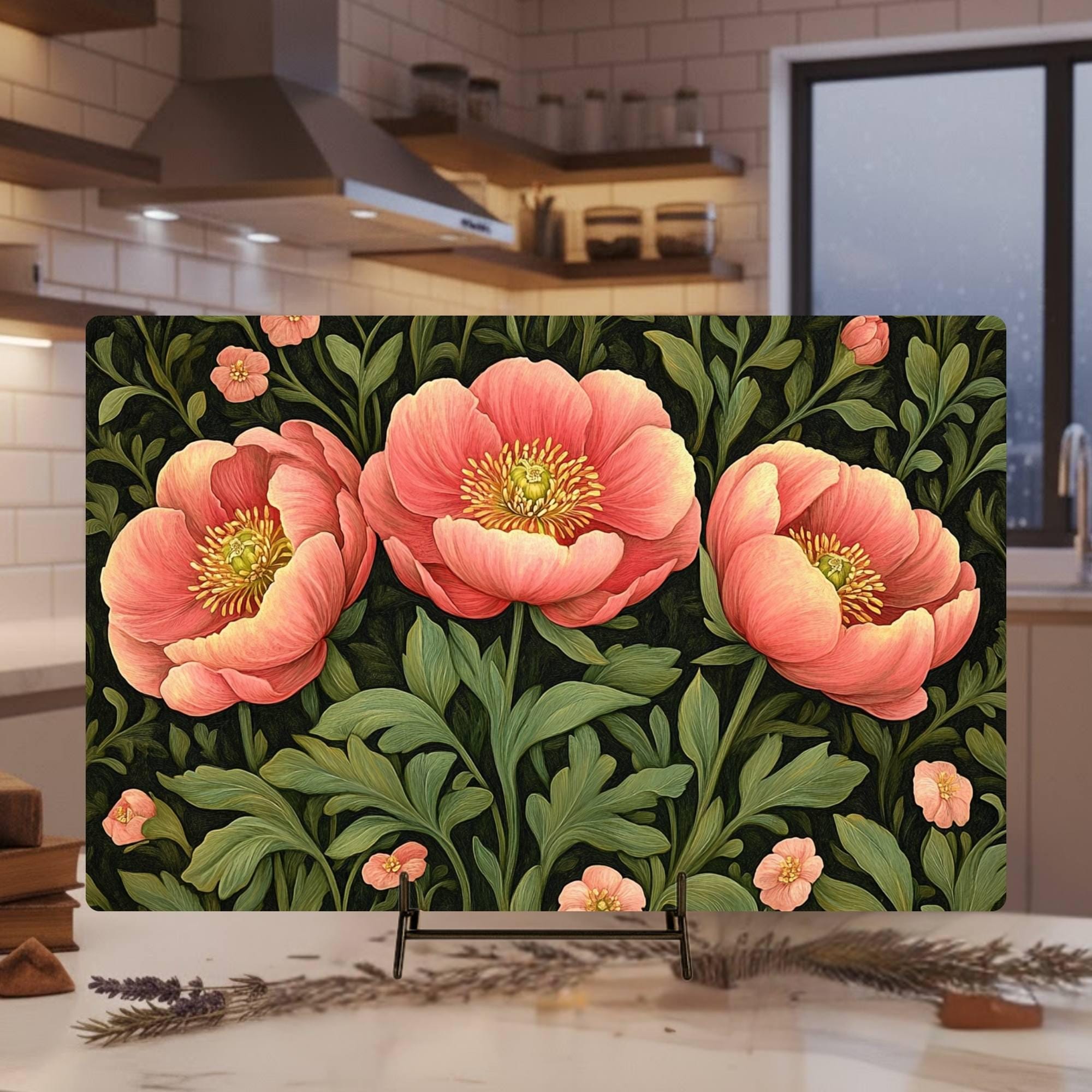 Coral Peony Floral Glass Cutting Board, Botanical Kitchen Art Decor, Blooming Garden Flower Serving Board Gift