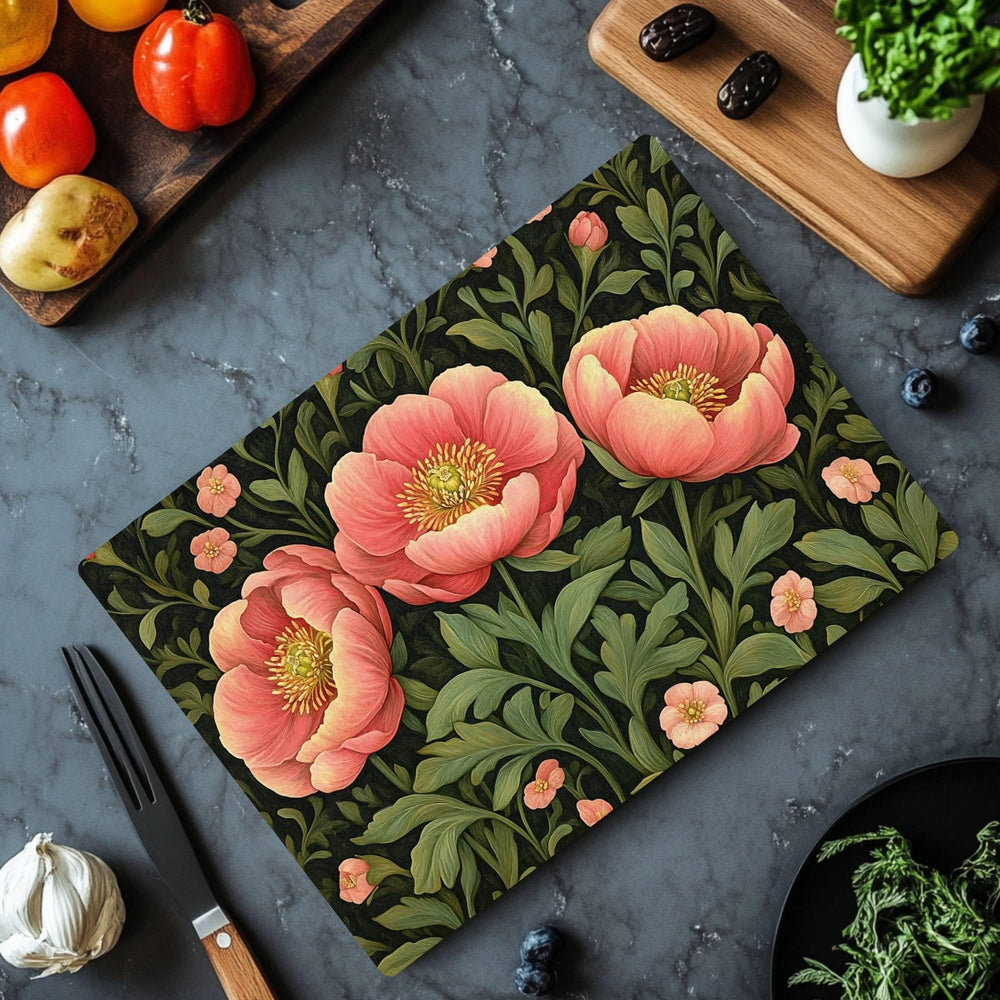 Coral Peony Floral Glass Cutting Board, Botanical Kitchen Art Decor, Blooming Garden Flower Serving Board Gift