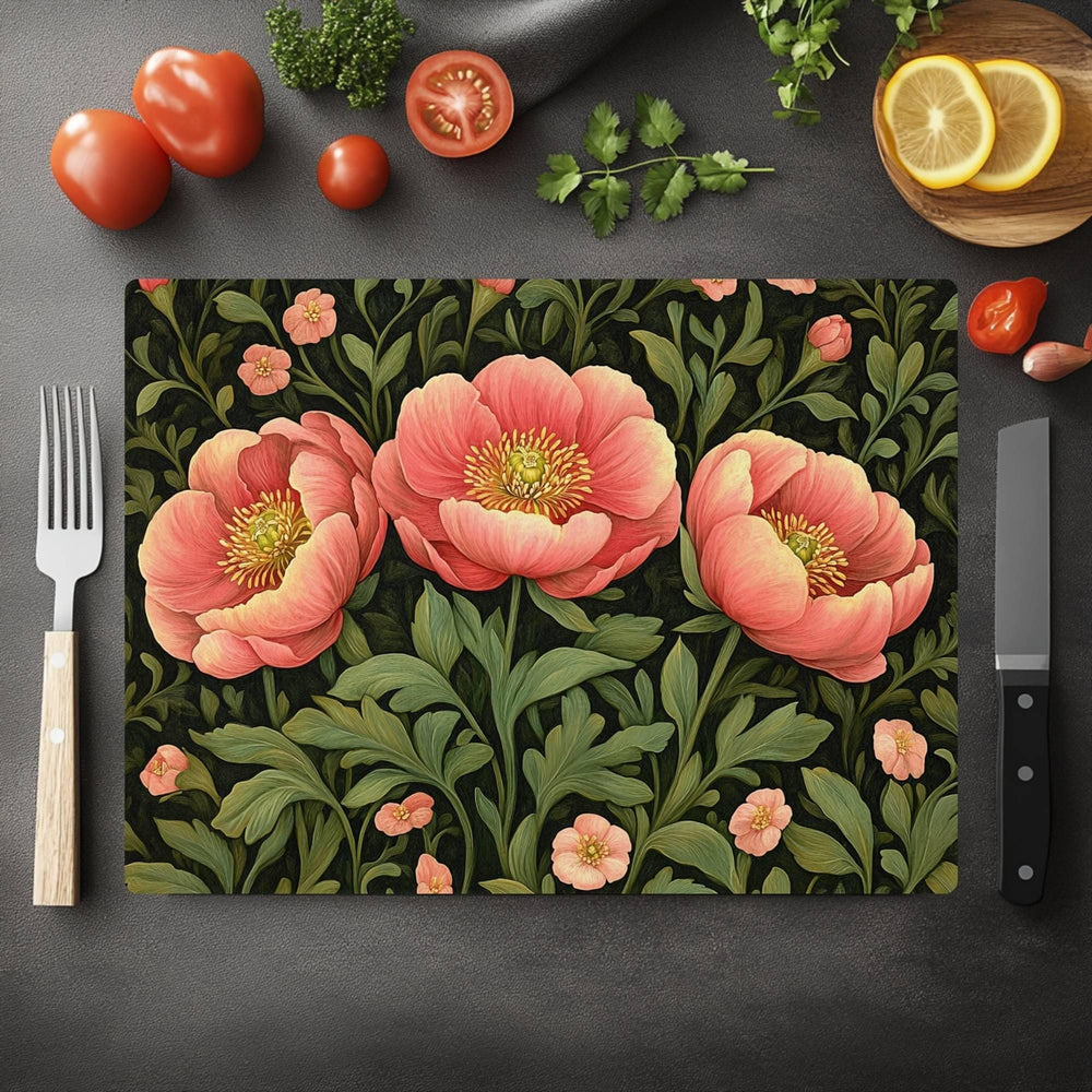 Coral Peony Floral Glass Cutting Board, Botanical Kitchen Art Decor, Blooming Garden Flower Serving Board Gift