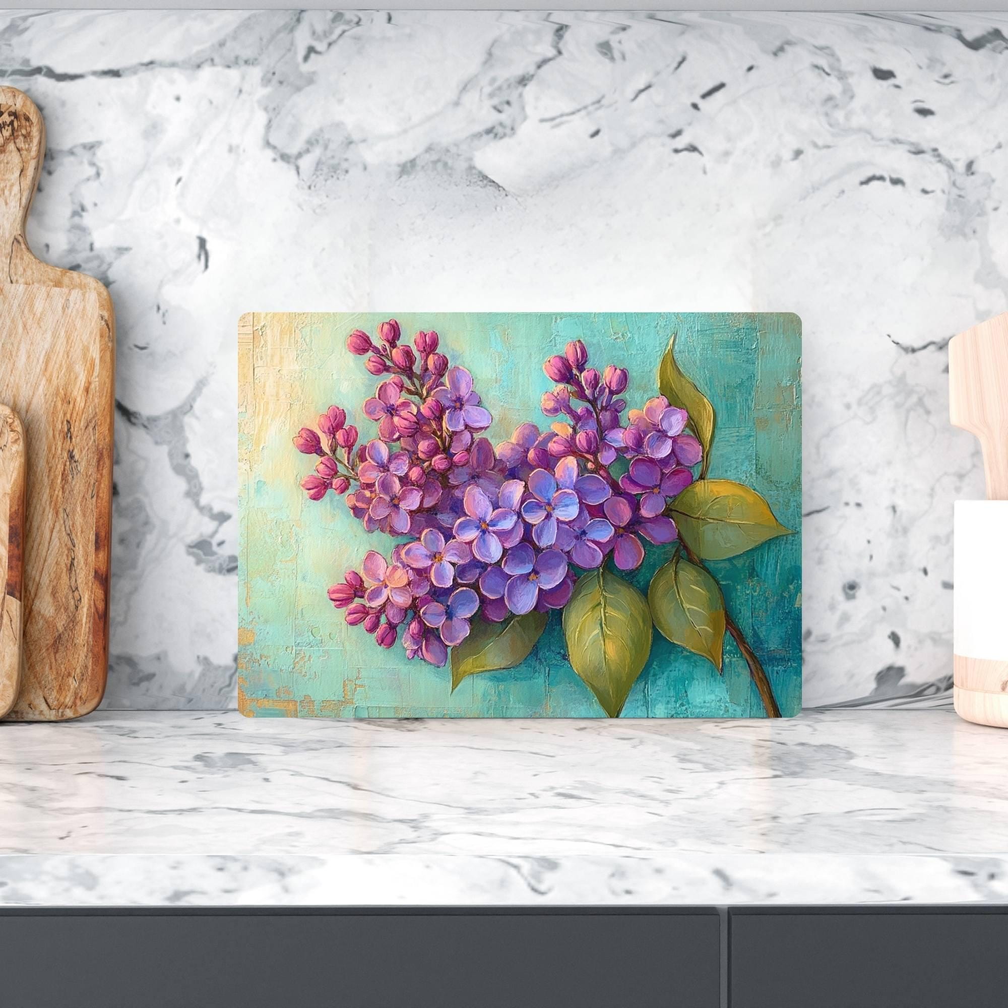 Purple Lilac Glass Cutting Board, Botanical Kitchen Art Decor, Rustic Cottage Floral Serving Board Gift