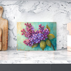 Purple Lilac Glass Cutting Board, Botanical Kitchen Art Decor, Rustic Cottage Floral Serving Board Gift