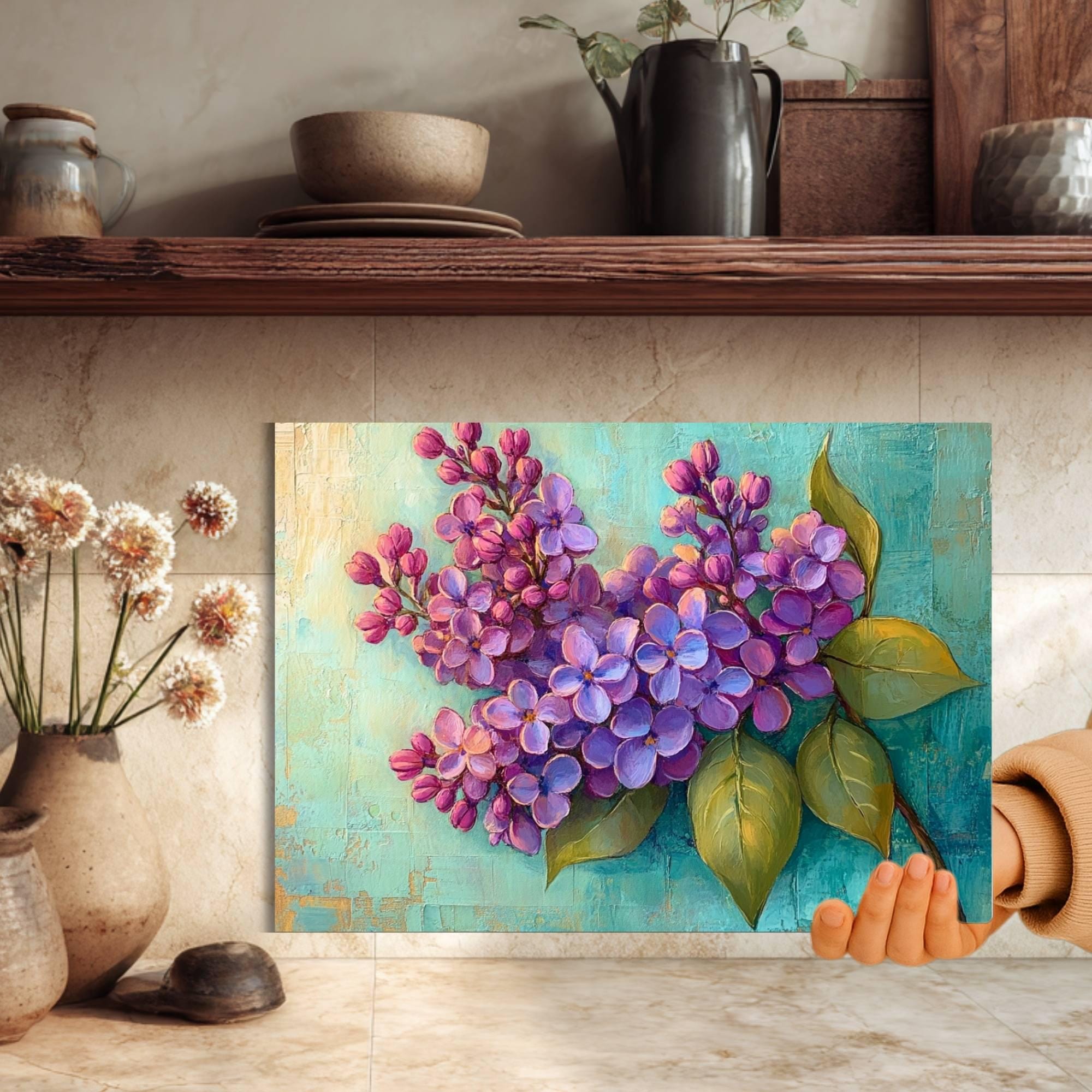Purple Lilac Glass Cutting Board, Botanical Kitchen Art Decor, Rustic Cottage Floral Serving Board Gift