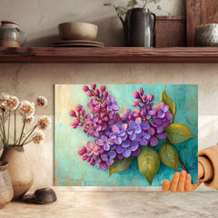 Purple Lilac Glass Cutting Board, Botanical Kitchen Art Decor, Rustic Cottage Floral Serving Board Gift
