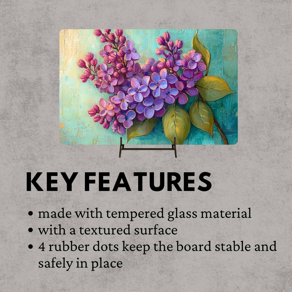 Purple Lilac Glass Cutting Board, Botanical Kitchen Art Decor, Rustic Cottage Floral Serving Board Gift