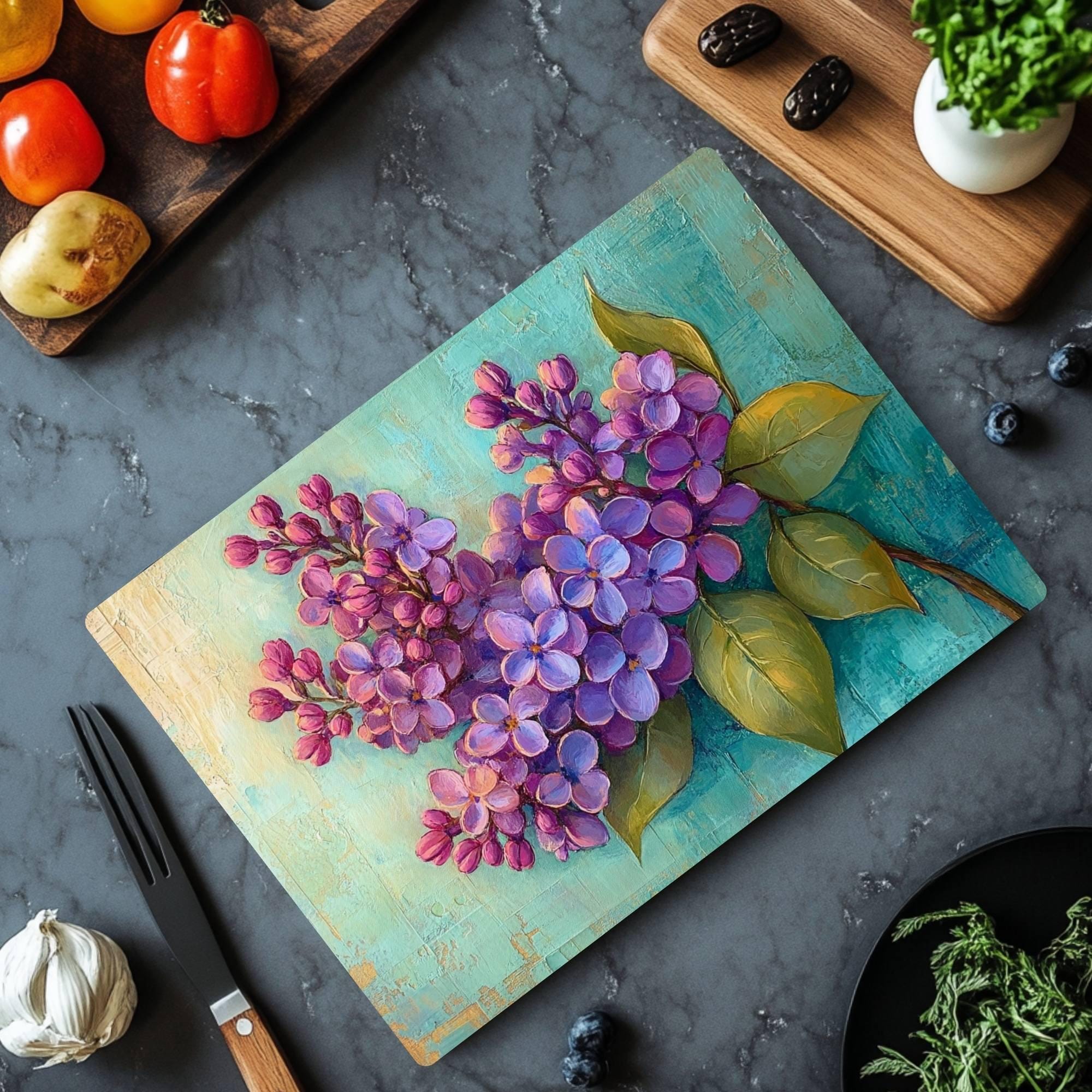Purple Lilac Glass Cutting Board, Botanical Kitchen Art Decor, Rustic Cottage Floral Serving Board Gift
