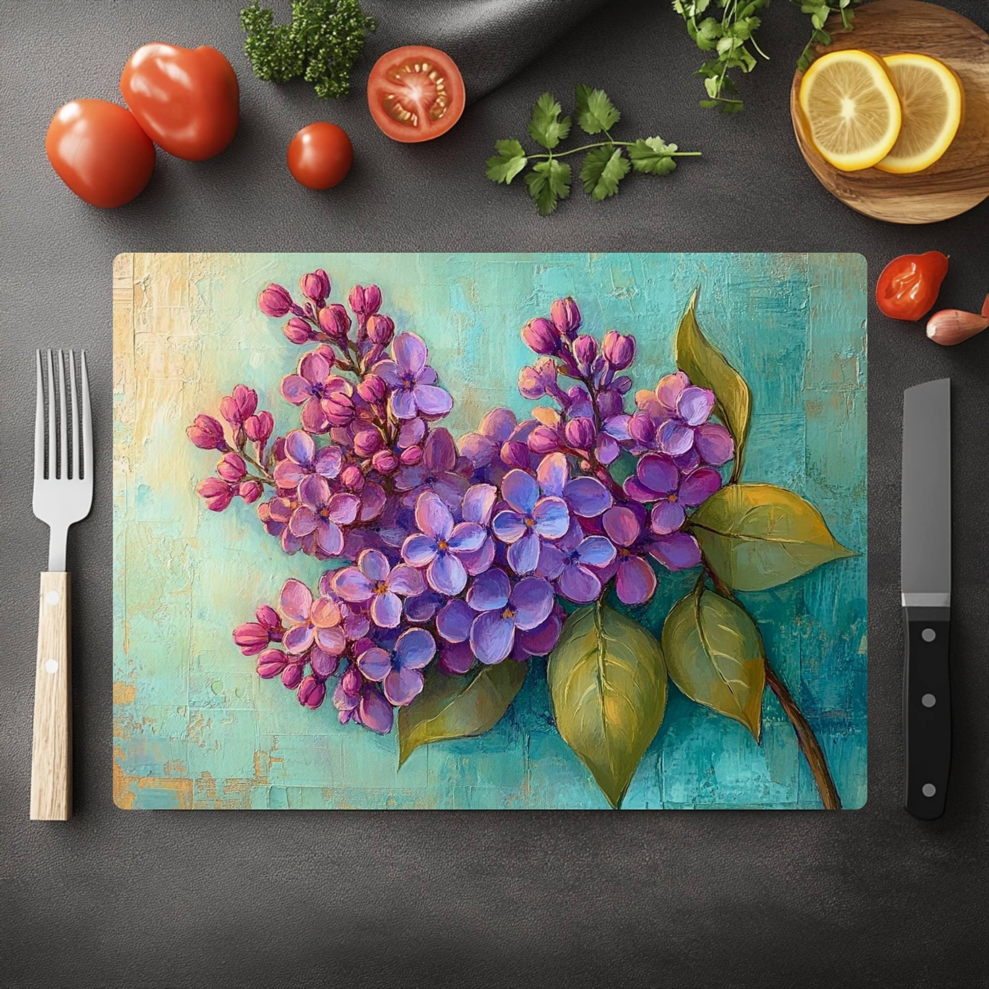 Purple Lilac Glass Cutting Board, Botanical Kitchen Art Decor, Rustic Cottage Floral Serving Board Gift
