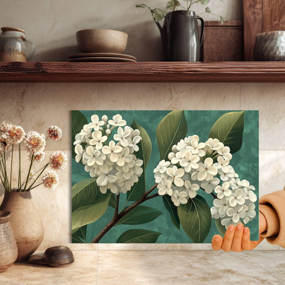White Lilac Blossom Glass Cutting Board, Neutral Floral Kitchen Art, Elegant Botanical Home Gift