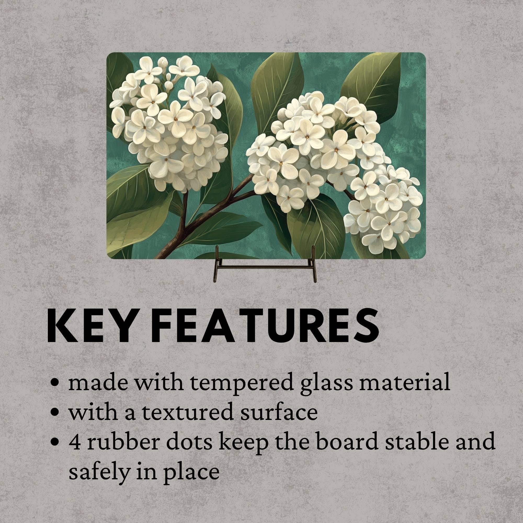 White Lilac Blossom Glass Cutting Board, Neutral Floral Kitchen Art, Elegant Botanical Home Gift
