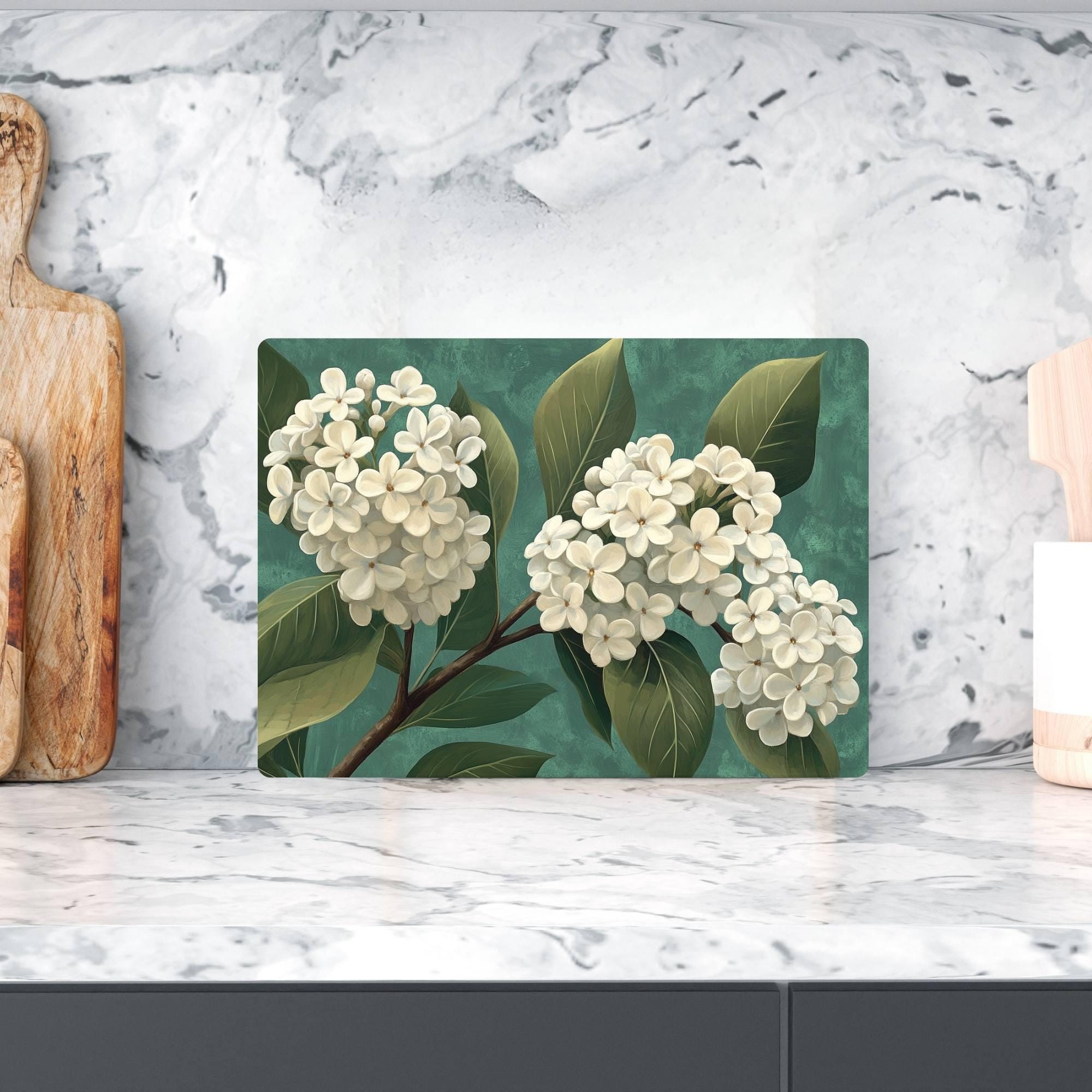 White Lilac Blossom Glass Cutting Board, Neutral Floral Kitchen Art, Elegant Botanical Home Gift