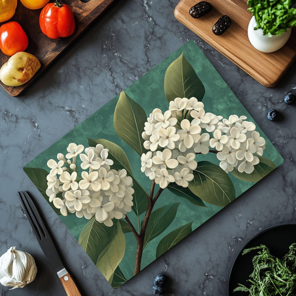 White Lilac Blossom Glass Cutting Board, Neutral Floral Kitchen Art, Elegant Botanical Home Gift