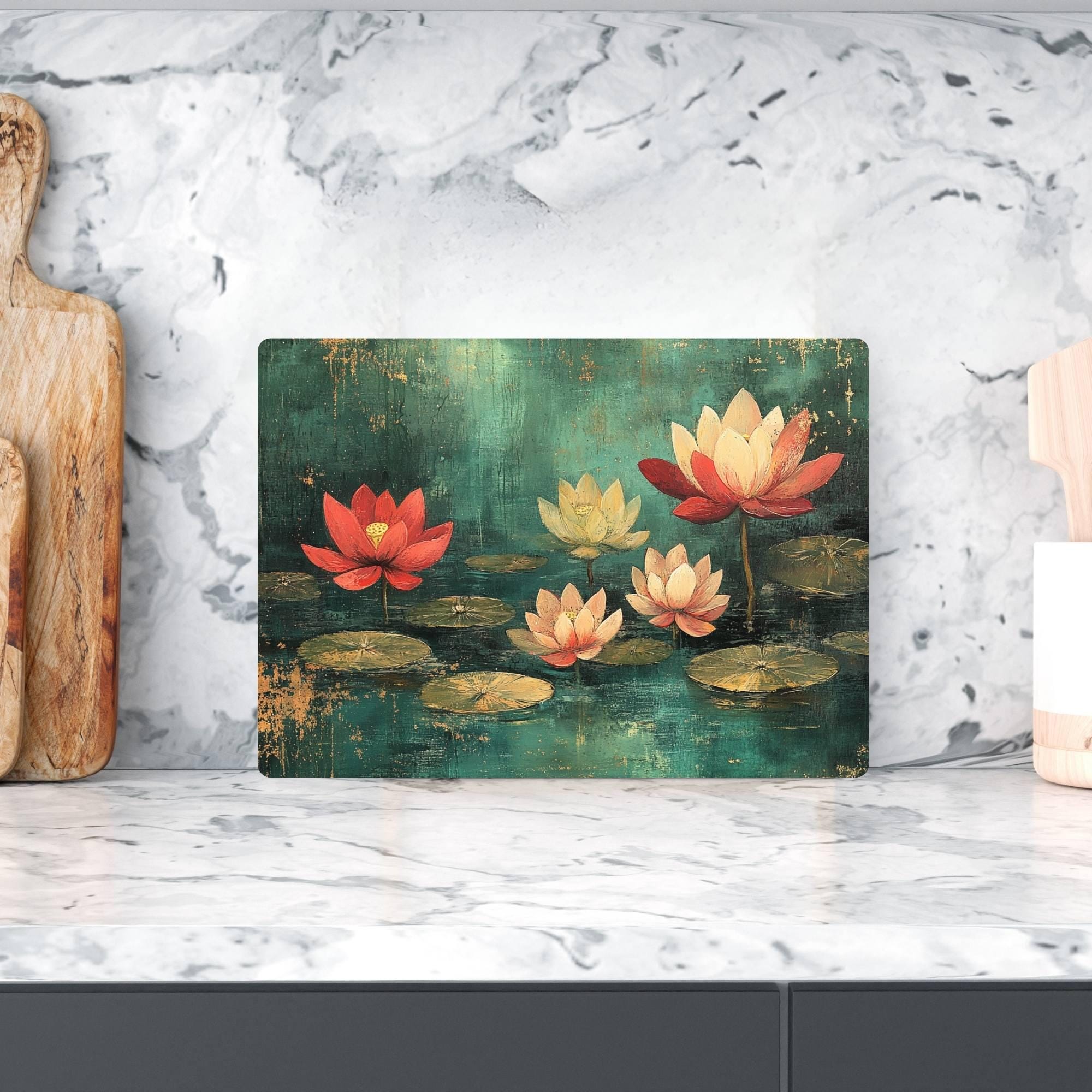 Lotus Pond Glass Cutting Board, Red and Yellow Floral Water Lily Art, Tranquil Zen Botanical Kitchen Gift