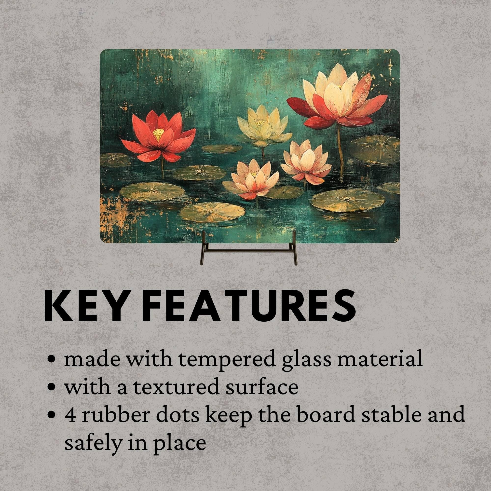 Lotus Pond Glass Cutting Board, Red and Yellow Floral Water Lily Art, Tranquil Zen Botanical Kitchen Gift