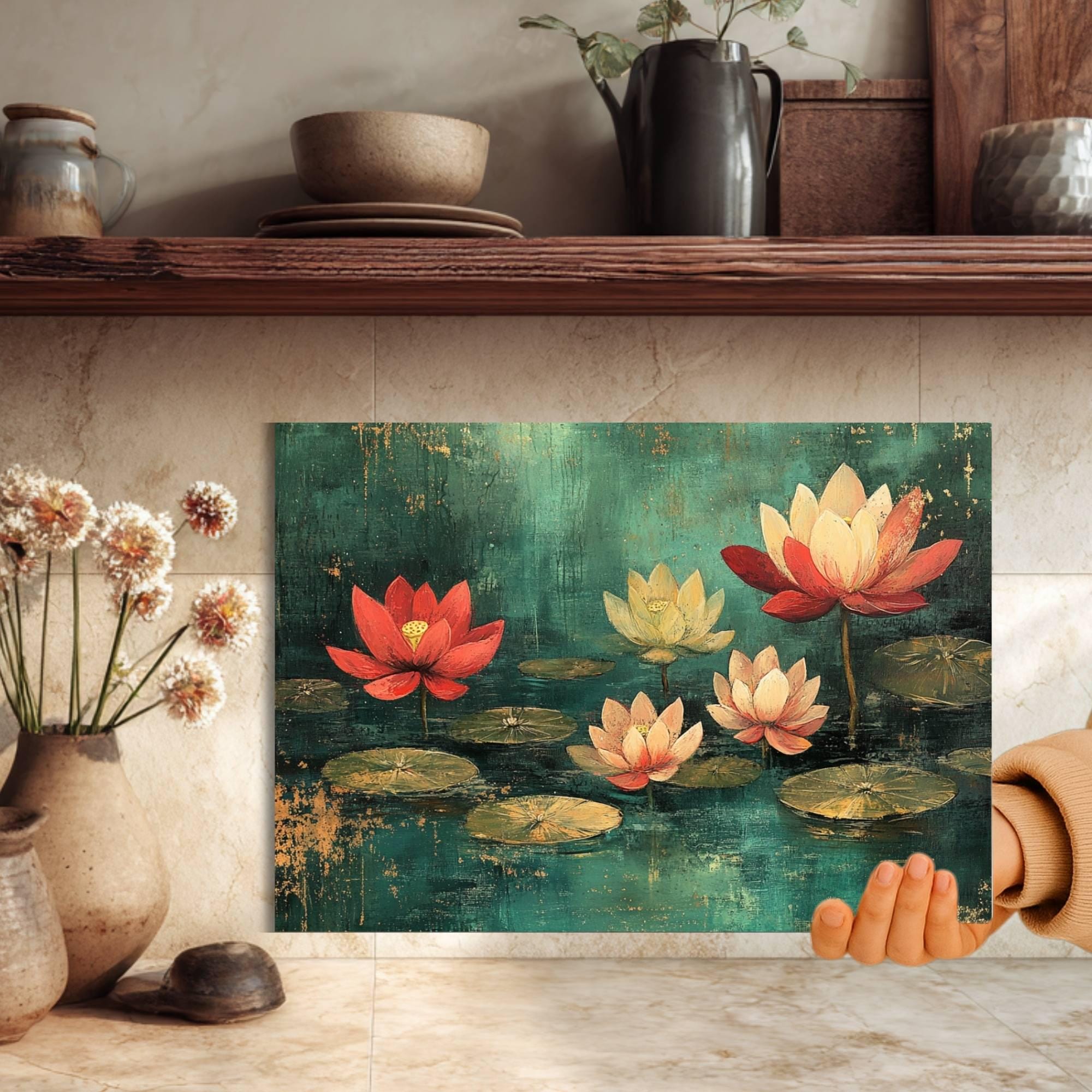 Lotus Pond Glass Cutting Board, Red and Yellow Floral Water Lily Art, Tranquil Zen Botanical Kitchen Gift