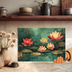 Lotus Pond Glass Cutting Board, Red and Yellow Floral Water Lily Art, Tranquil Zen Botanical Kitchen Gift