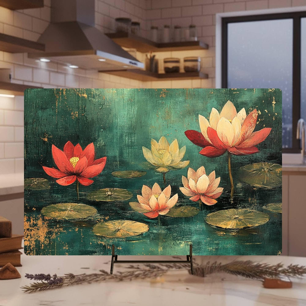 Lotus Pond Glass Cutting Board, Red and Yellow Floral Water Lily Art, Tranquil Zen Botanical Kitchen Gift