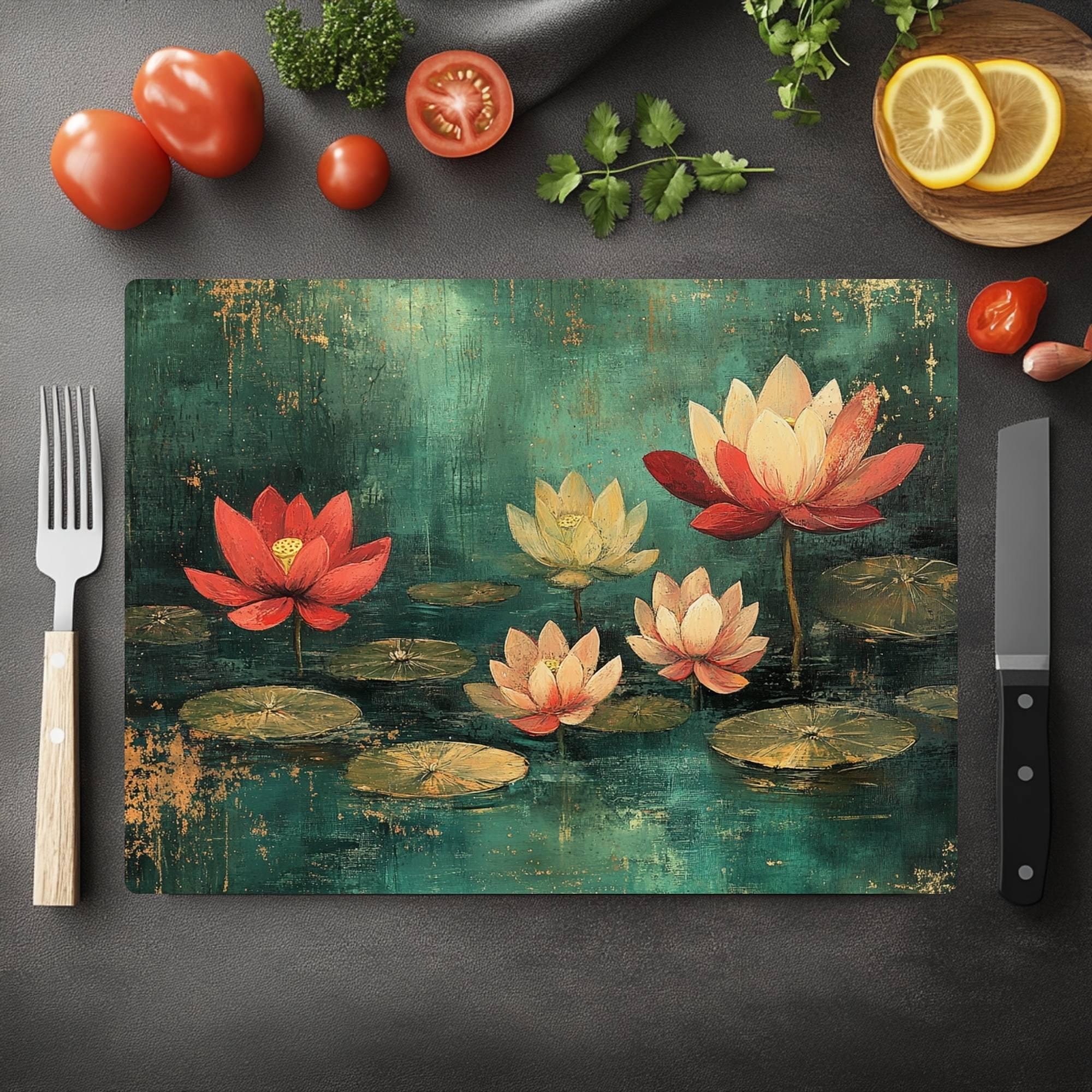 Lotus Pond Glass Cutting Board, Red and Yellow Floral Water Lily Art, Tranquil Zen Botanical Kitchen Gift