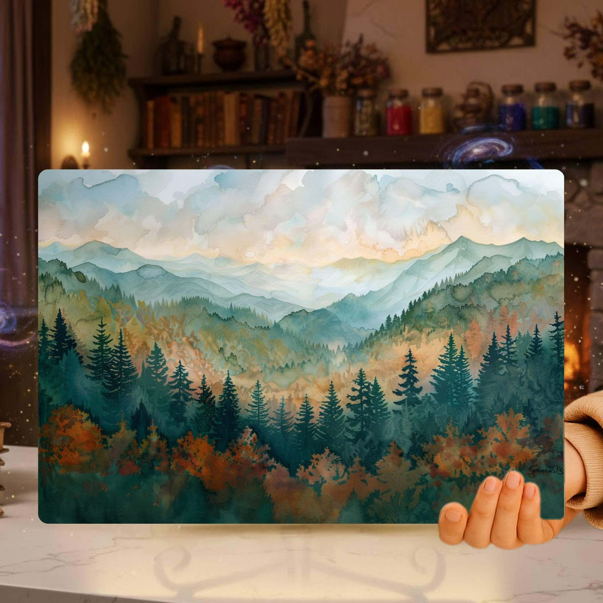 Mountain Forest Landscape Glass Cutting Board, Nature-Inspired Scenic Art Kitchen Decor Gift, Glass Serving Tray or Counter Art