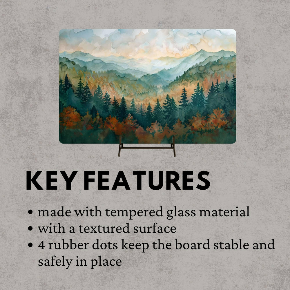 Mountain Forest Landscape Glass Cutting Board, Nature-Inspired Scenic Art Kitchen Decor Gift, Glass Serving Tray or Counter Art