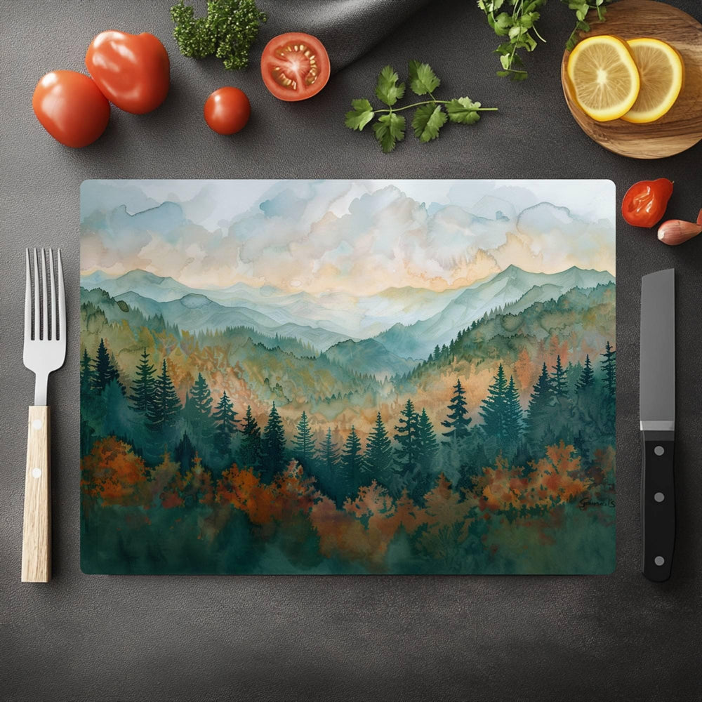 Mountain Forest Landscape Glass Cutting Board, Nature-Inspired Scenic Art Kitchen Decor Gift, Glass Serving Tray or Counter Art