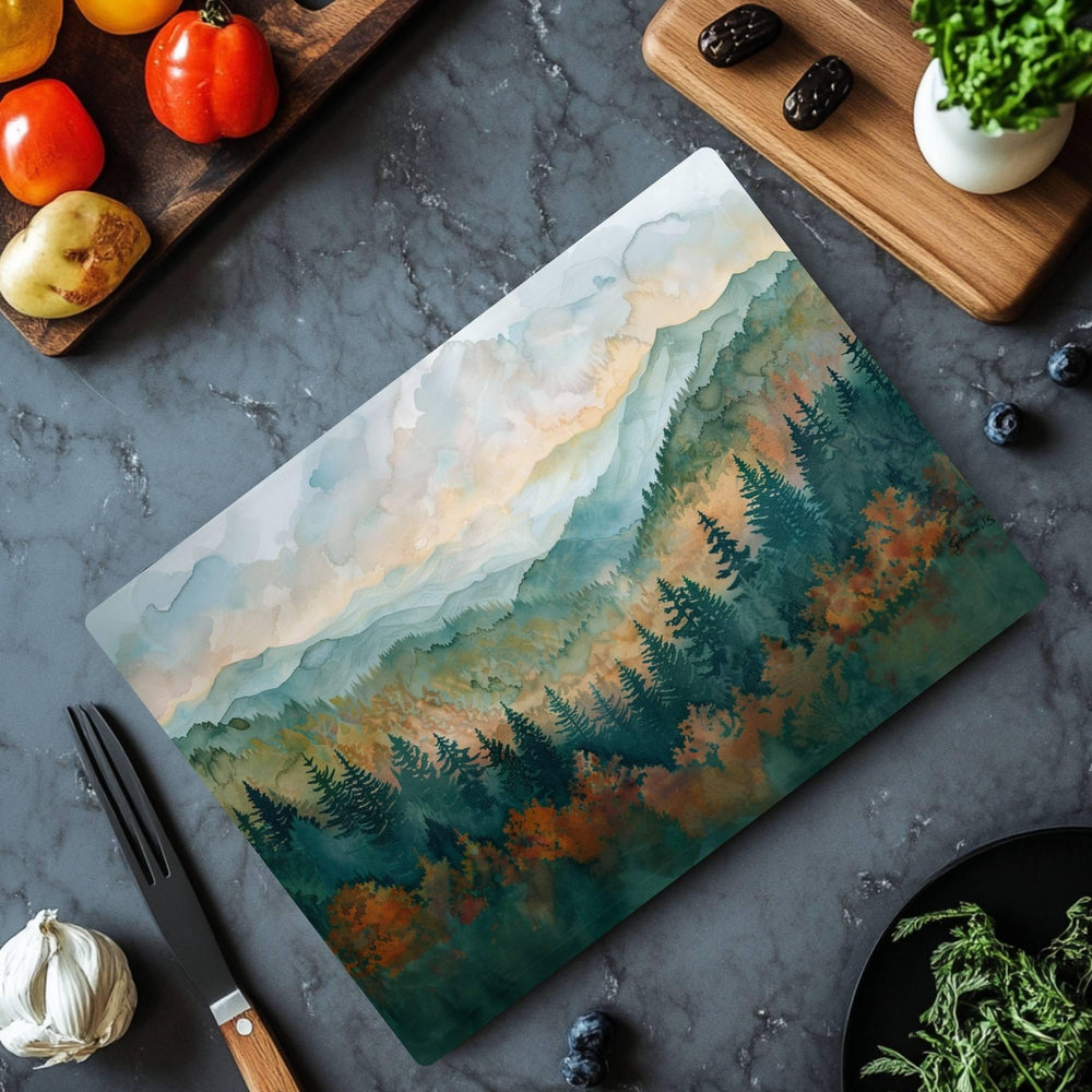 Mountain Forest Landscape Glass Cutting Board, Nature-Inspired Scenic Art Kitchen Decor Gift, Glass Serving Tray or Counter Art