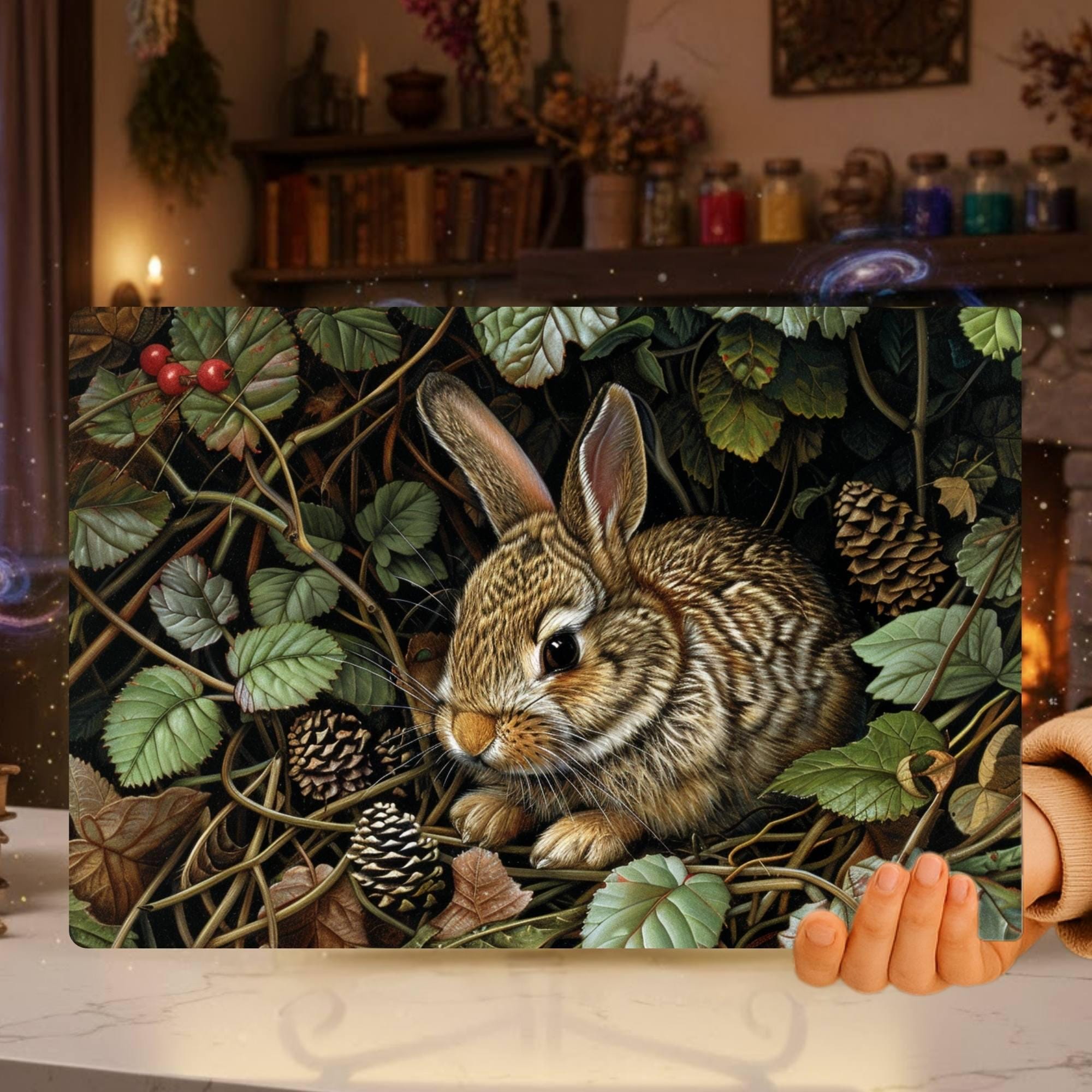 Woodland Rabbit Glass Cutting Board, Nature-Inspired Bunny Art, Rustic Forest Animal Kitchen Decor Gift