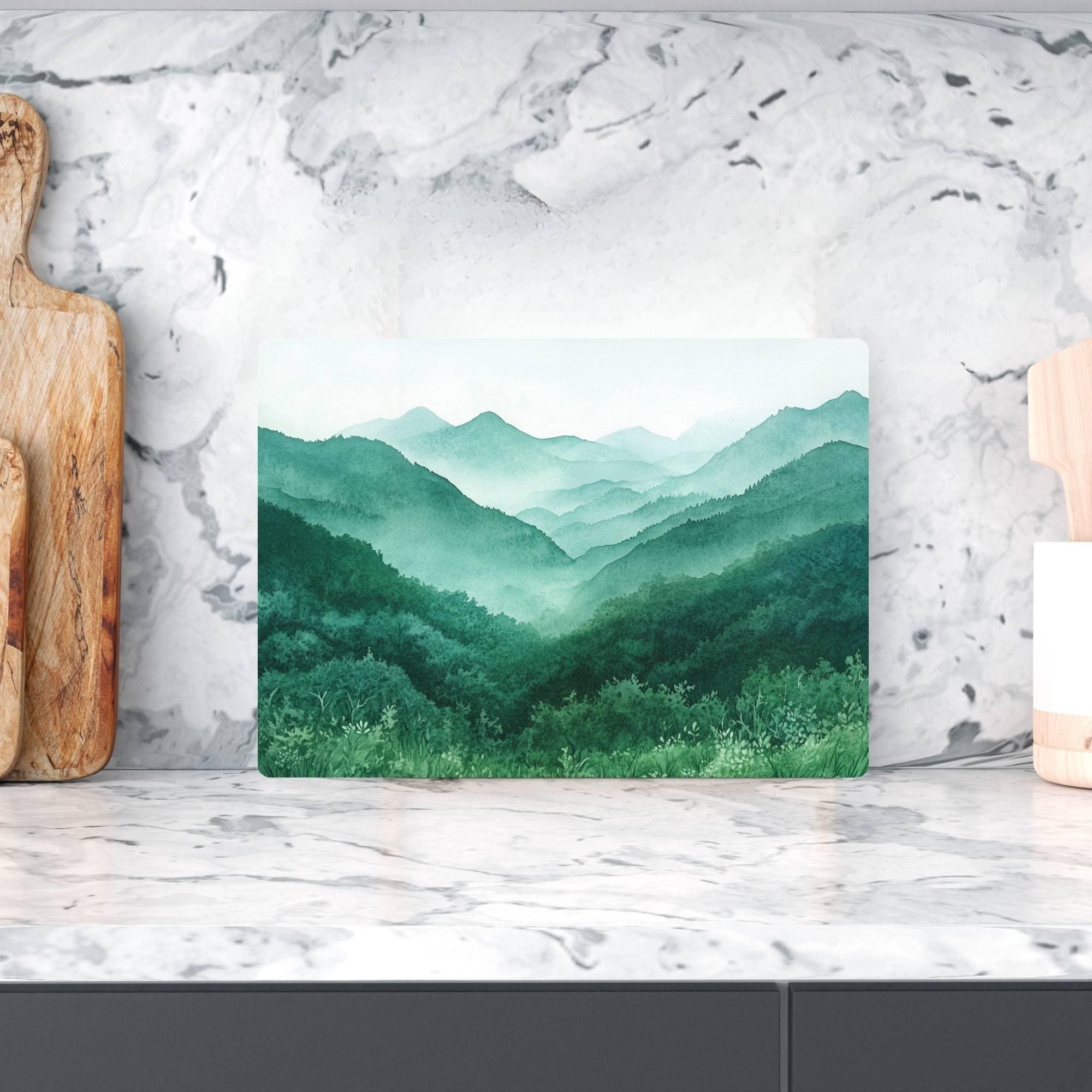 Misty Green Mountains Glass Cutting Board, Nature Landscape Kitchen Decor, Tranquil Forest Layers Art Gift