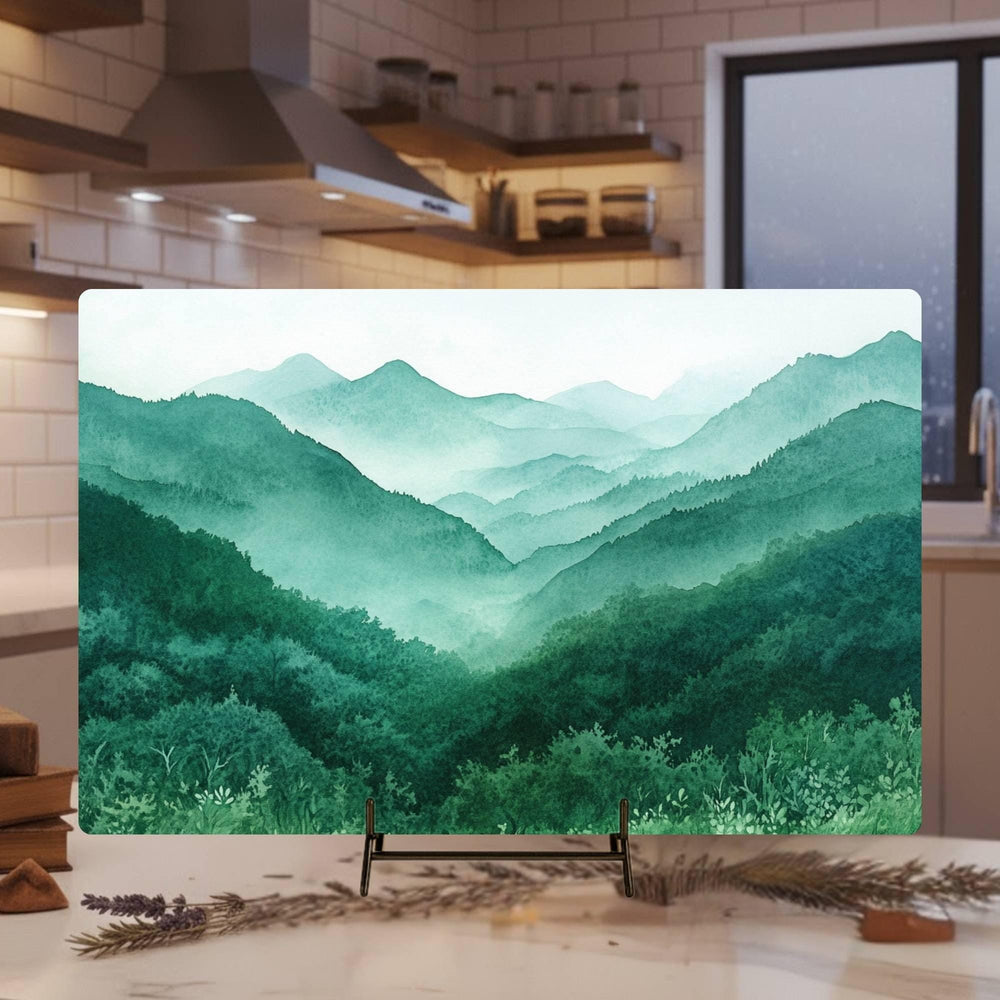 Misty Green Mountains Glass Cutting Board, Nature Landscape Kitchen Decor, Tranquil Forest Layers Art Gift