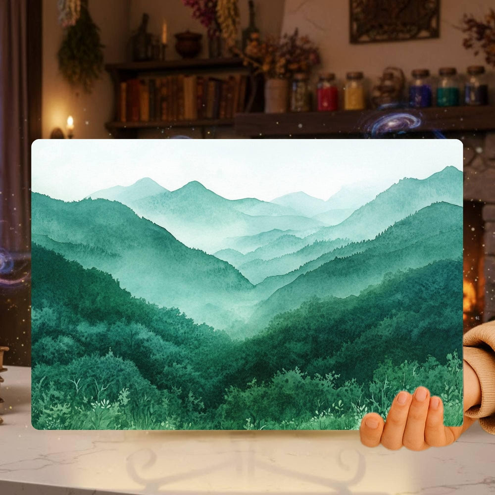Misty Green Mountains Glass Cutting Board, Nature Landscape Kitchen Decor, Tranquil Forest Layers Art Gift