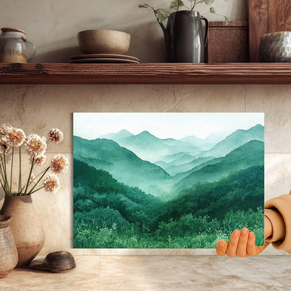 Misty Green Mountains Glass Cutting Board, Nature Landscape Kitchen Decor, Tranquil Forest Layers Art Gift
