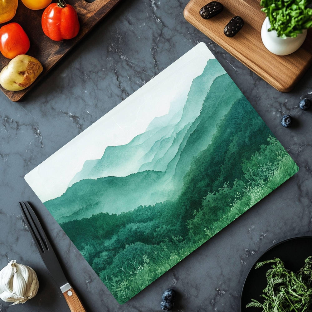 Misty Green Mountains Glass Cutting Board, Nature Landscape Kitchen Decor, Tranquil Forest Layers Art Gift