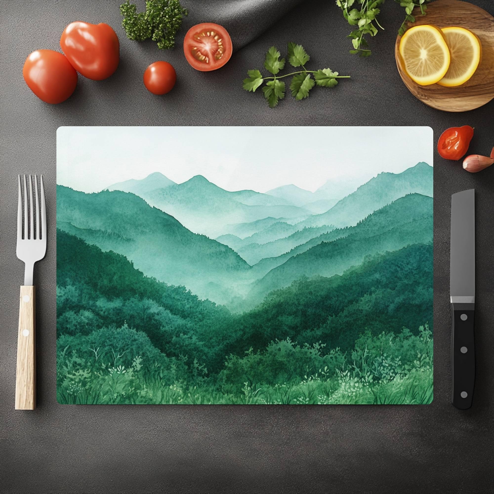 Misty Green Mountains Glass Cutting Board, Nature Landscape Kitchen Decor, Tranquil Forest Layers Art Gift
