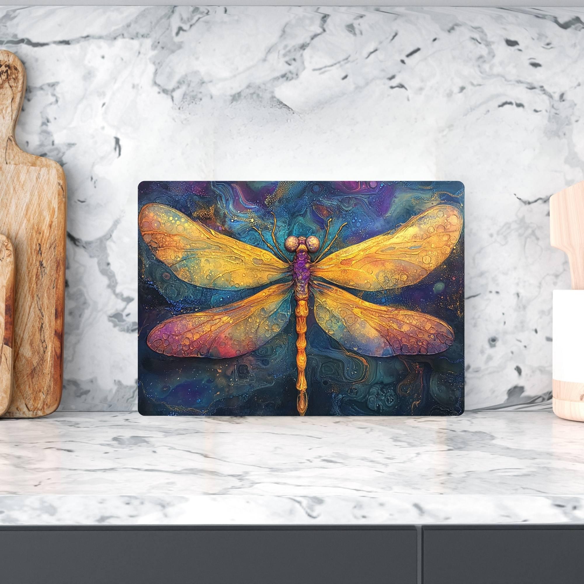 Golden Dragonfly Glass Cutting Board, Mystical Insect Art Kitchen Decor, Boho Nature-Inspired Gift