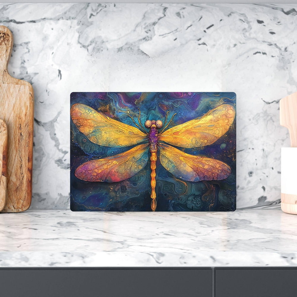 Golden Dragonfly Glass Cutting Board, Mystical Insect Art Kitchen Decor, Boho Nature-Inspired Gift