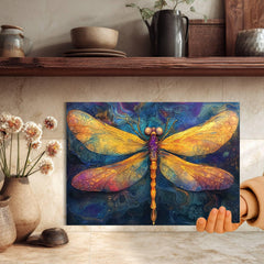 Golden Dragonfly Glass Cutting Board, Mystical Insect Art Kitchen Decor, Boho Nature-Inspired Gift