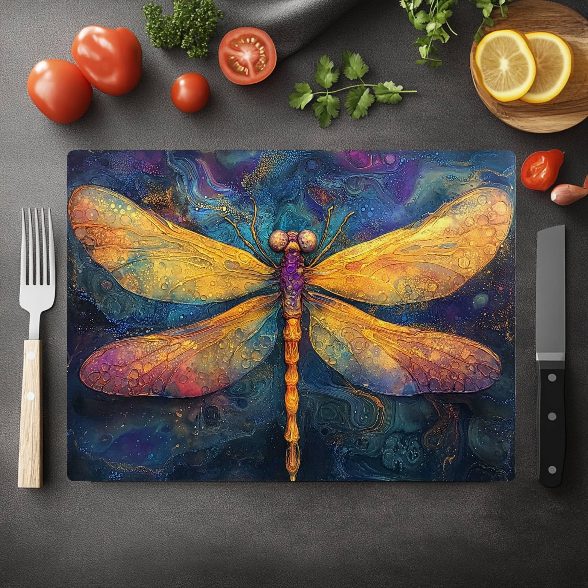 Golden Dragonfly Glass Cutting Board, Mystical Insect Art Kitchen Decor, Boho Nature-Inspired Gift