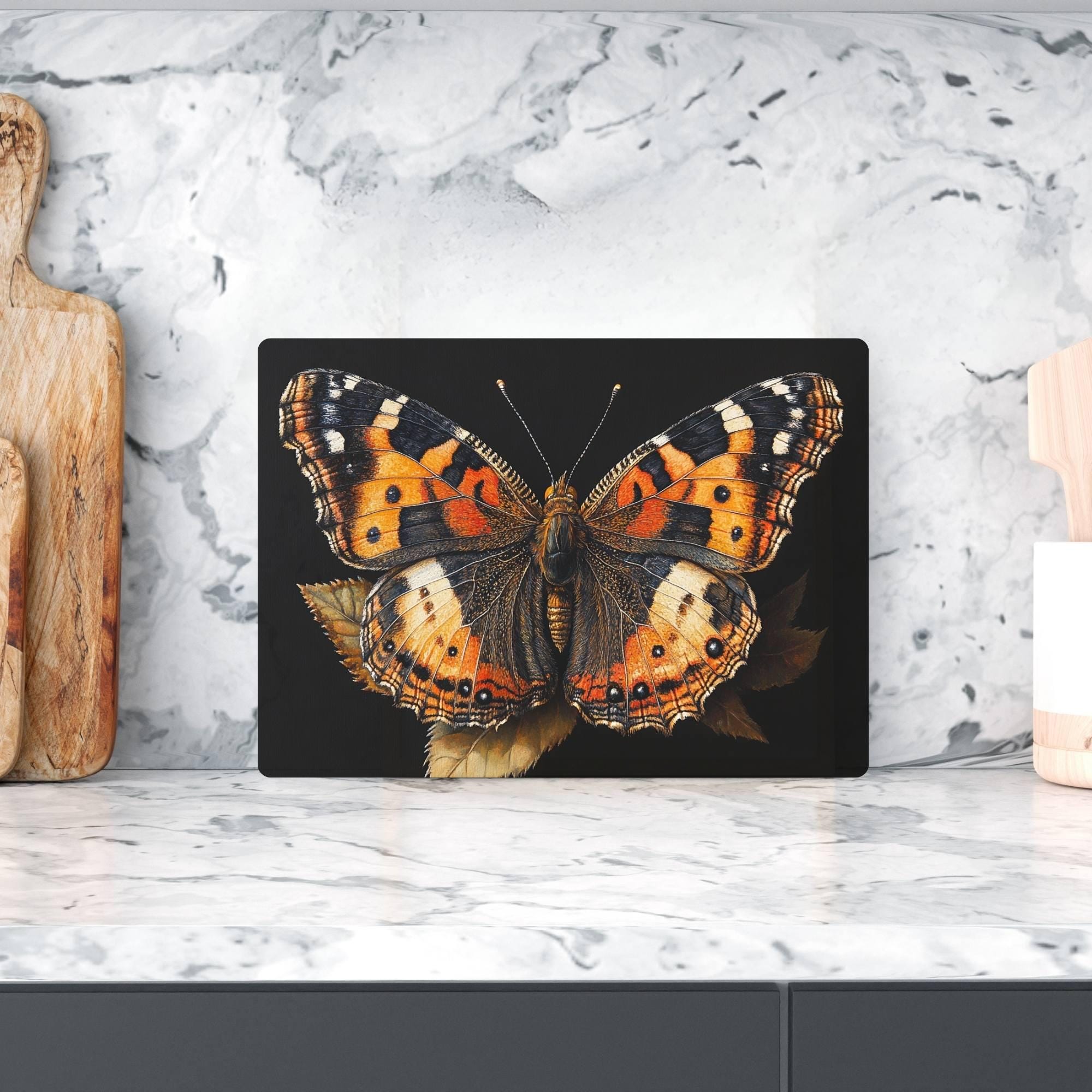 Monarch Butterfly Glass Cutting Board, Rustic Insect Art Kitchen Decor, Botanical Nature-Inspired Gift