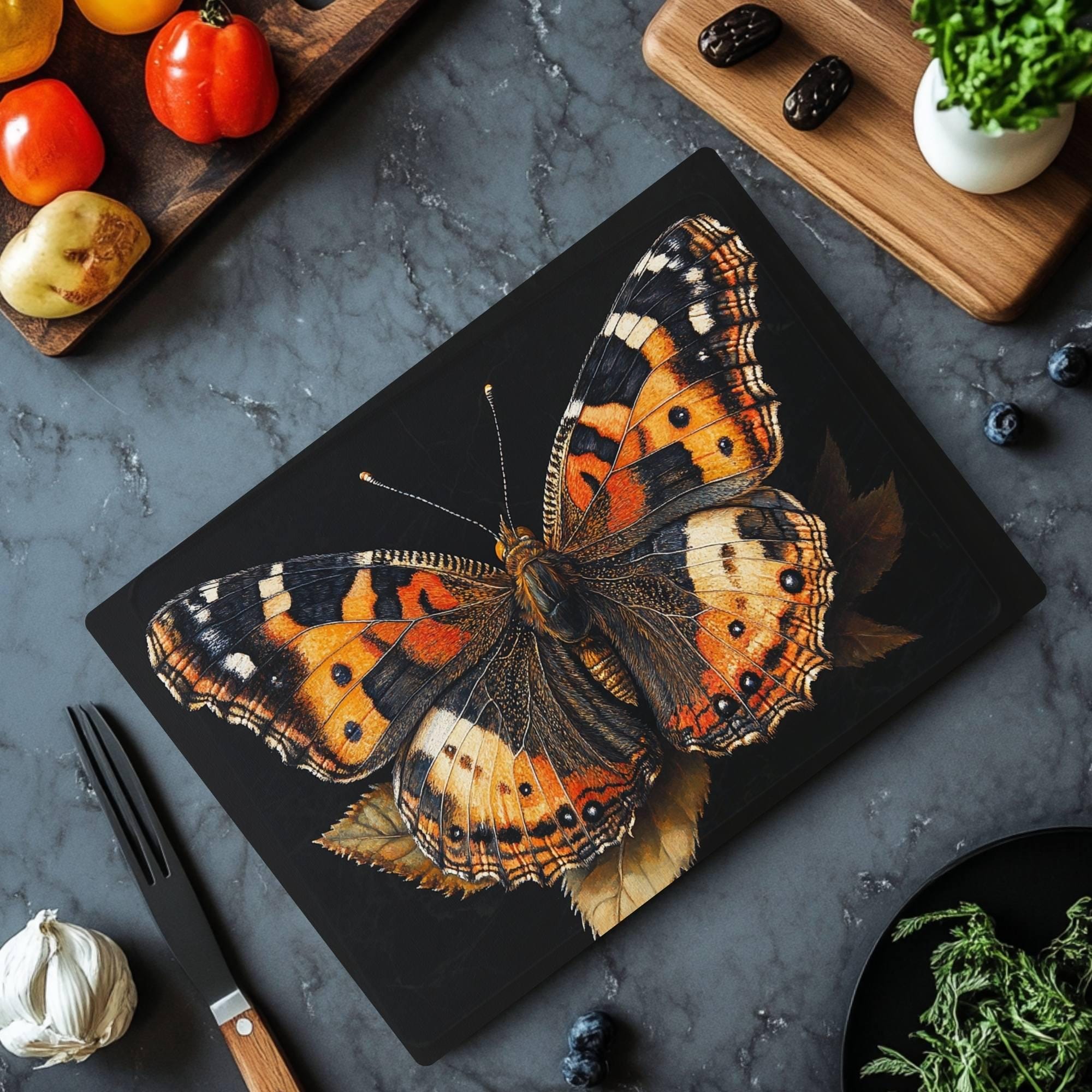 Monarch Butterfly Glass Cutting Board, Rustic Insect Art Kitchen Decor, Botanical Nature-Inspired Gift