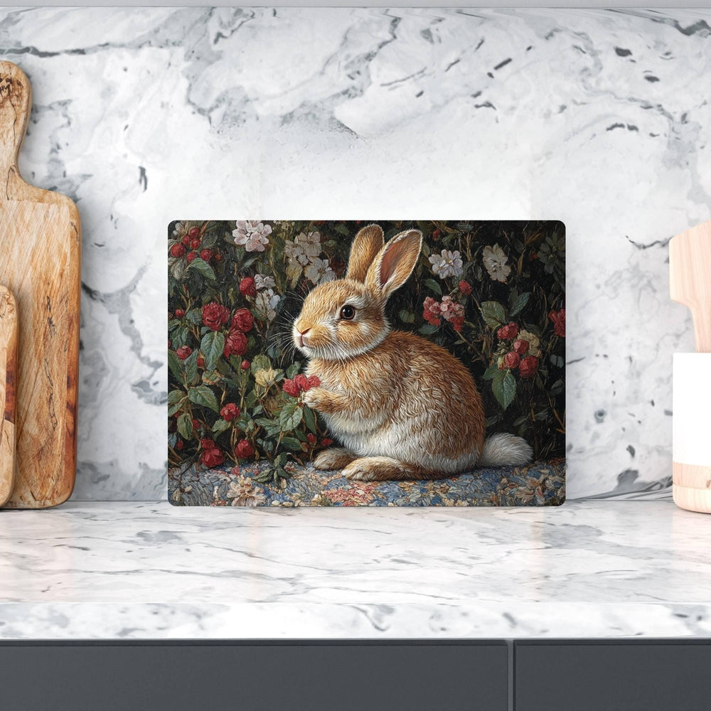 Garden Bunny Glass Cutting Board, Nature-Inspired Rabbit Kitchen Decor, Floral Botanical Cottage Gift
